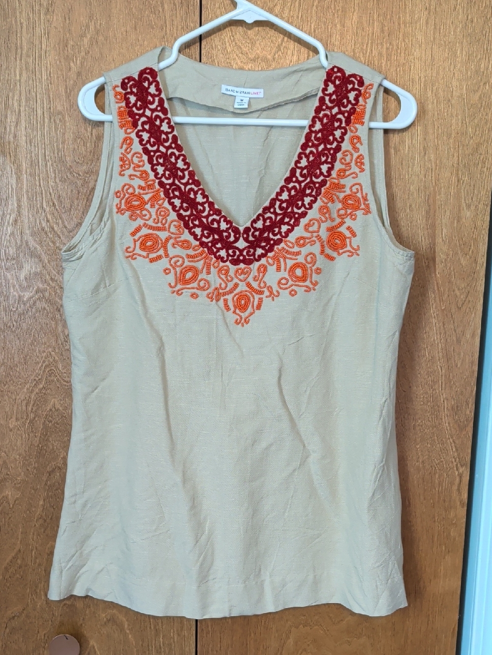Talbots Beige Sleeveless V-Neck Tank with Red and Orange Embroidery